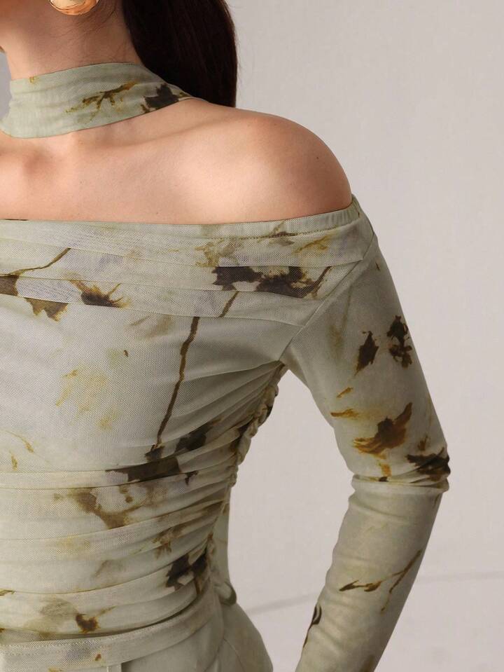 SHEEVETY Blusa Mesh Estampada Cuello Halter