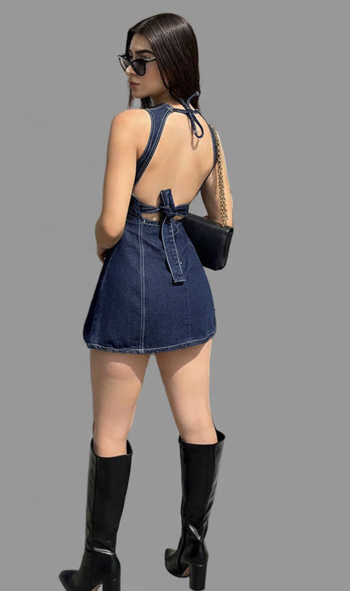 SHEEVETY Andrea Bello Vestido Vaquero Mini Con Espalda Descubierta