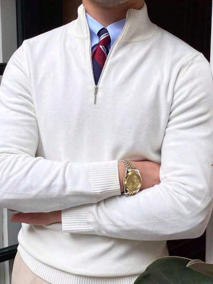 Jersey Con Cremallera Y Cuello Minimalista De Unicolor Casual Para Hombre, Para Otoño E Invierno