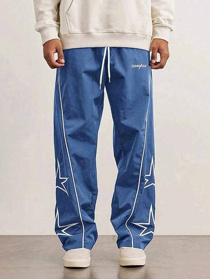 Pantalones Casuales De Pierna Recta Holgados Para Hombre Con Estampado De Estrellas Y Letras, Estilo Universitario Versátil, Adecuados Para Todas Las Estaciones
