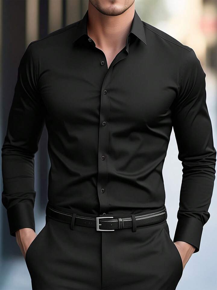 Manfinity Mode Camisa De Manga Larga De Unicolor Con Cuello Mao, Camisa Formal Para Hombre, Camisa De Unicolor Para Hombre. Adecuada Para Uso Diario, Ir Al Trabajo, Salir, Fiestas. Se Puede Combinar Con Pantalones De Traje O Trajes Para Asistir A Fiestas,