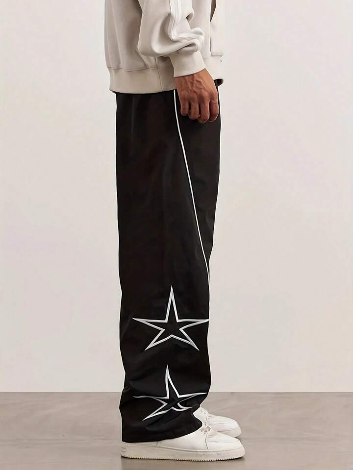 Pantalones Casuales De Pierna Recta Holgados Para Hombre Con Estampado De Estrellas Y Letras, Estilo Universitario Versátil, Adecuados Para Todas Las Estaciones