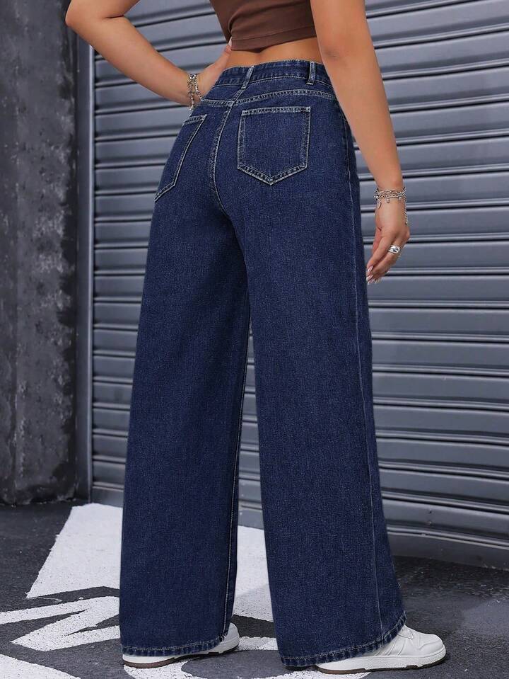 Pantalones Vaqueros De Pierna Ancha Para Mujer Cintura Alta Recta Y Suelta, Tejido Elástico Azul Lavado, Elegantes Y Casuales