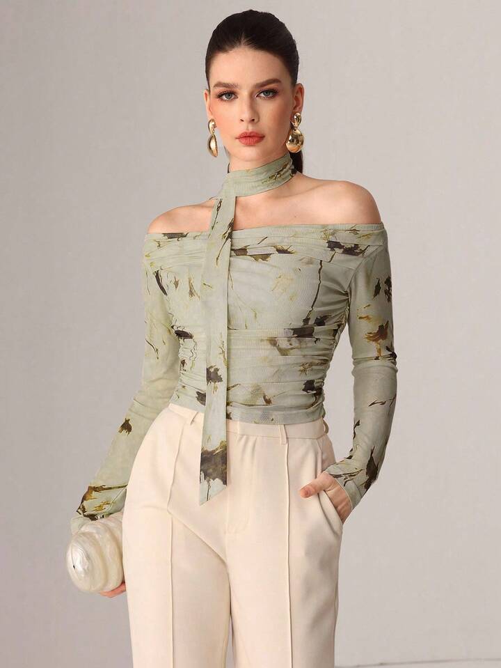 SHEEVETY Blusa Mesh Estampada Cuello Halter