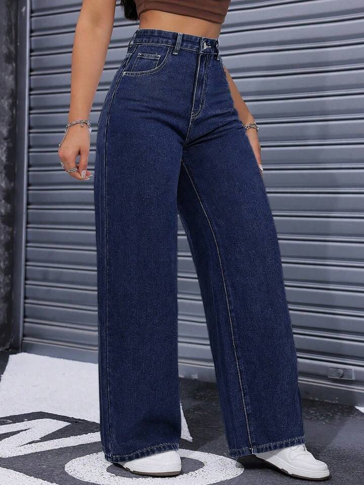 Pantalones Vaqueros De Pierna Ancha Para Mujer Cintura Alta Recta Y Suelta, Tejido Elástico Azul Lavado, Elegantes Y Casuales
