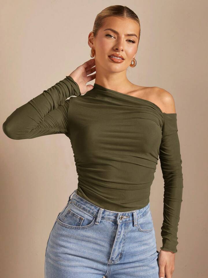 SHEEVETY Camiseta Manga Larga Cuello Asimétrico