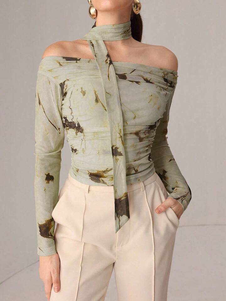 SHEEVETY Blusa Mesh Estampada Cuello Halter