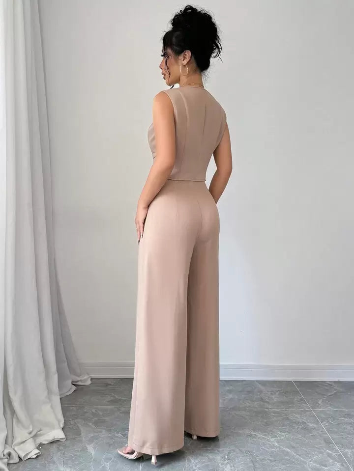 SHEEVETY Traje De Chaleco De Abotonadura Sencilla Y Pantalón De Pierna Ancha Para Mujer, Estilo Para Ir Al Trabajo