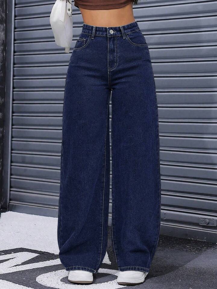 Pantalones Vaqueros De Pierna Ancha Para Mujer Cintura Alta Recta Y Suelta, Tejido Elástico Azul Lavado, Elegantes Y Casuales