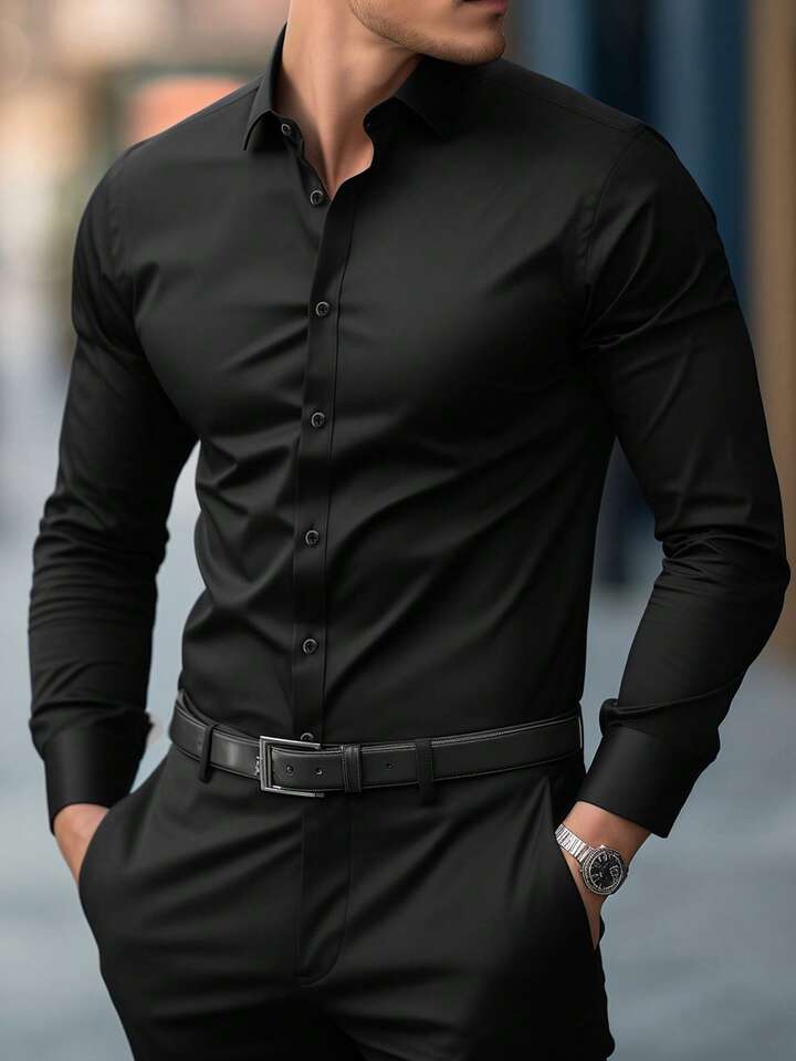 Manfinity Mode Camisa De Manga Larga De Unicolor Con Cuello Mao, Camisa Formal Para Hombre, Camisa De Unicolor Para Hombre. Adecuada Para Uso Diario, Ir Al Trabajo, Salir, Fiestas. Se Puede Combinar Con Pantalones De Traje O Trajes Para Asistir A Fiestas,