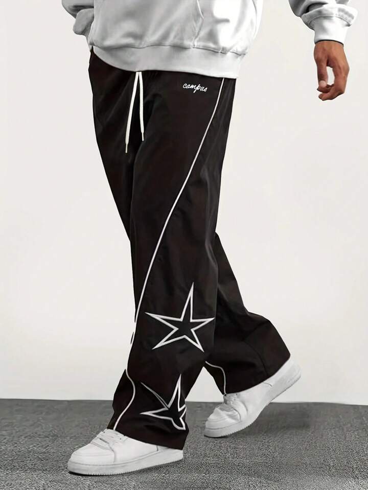 Pantalones Casuales De Pierna Recta Holgados Para Hombre Con Estampado De Estrellas Y Letras, Estilo Universitario Versátil, Adecuados Para Todas Las Estaciones
