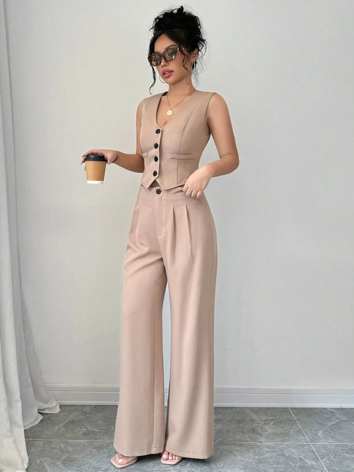 SHEEVETY Traje De Chaleco De Abotonadura Sencilla Y Pantalón De Pierna Ancha Para Mujer, Estilo Para Ir Al Trabajo