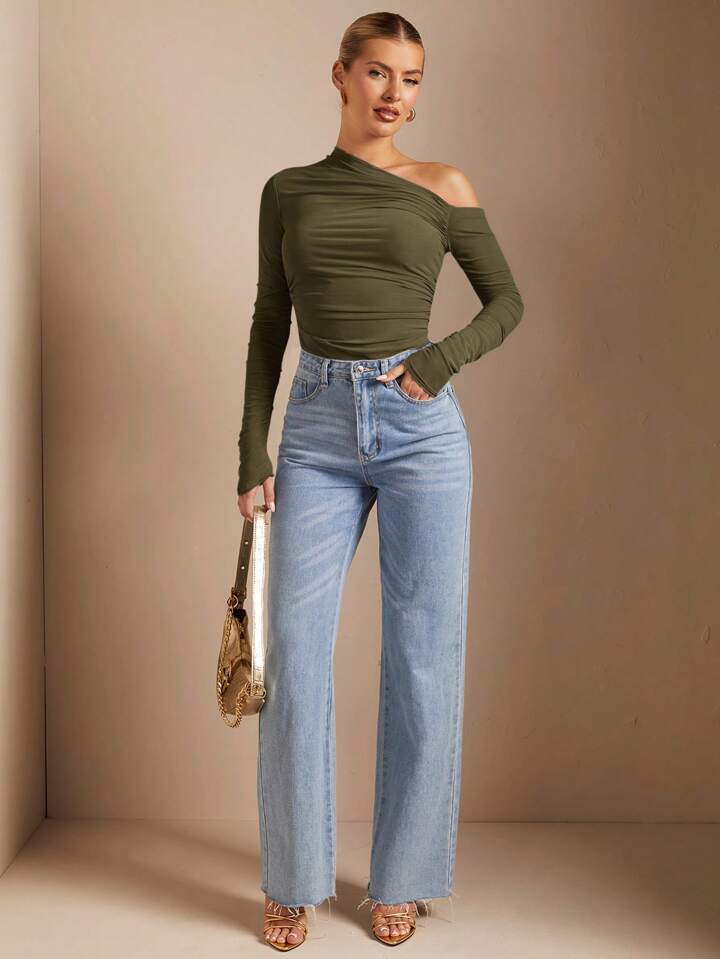 SHEEVETY Camiseta Manga Larga Cuello Asimétrico