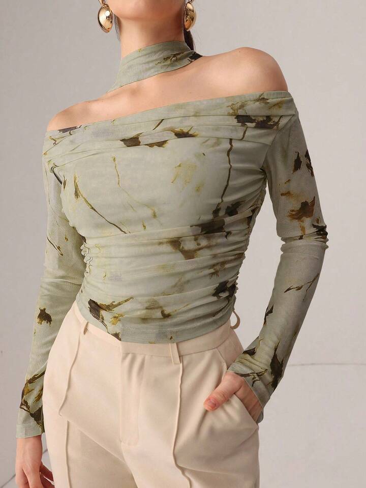 SHEEVETY Blusa Mesh Estampada Cuello Halter