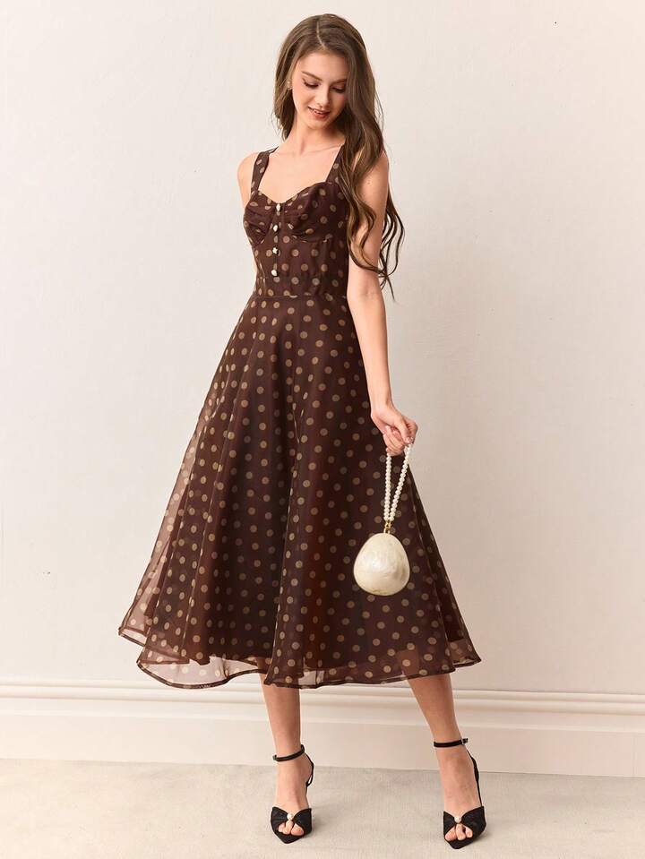 SHEEVETY Vestido Midi De Tirantes Con Lunares