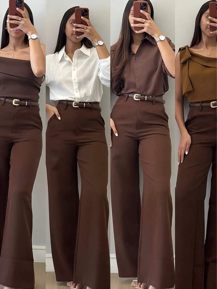 Pantalones Casuales De Pierna Acampanada De Diseño Minimalista Para Mujeres, Adecuados Para Ir Al Trabajo, La Oficina, Uso Diario, Todas Las Estaciones