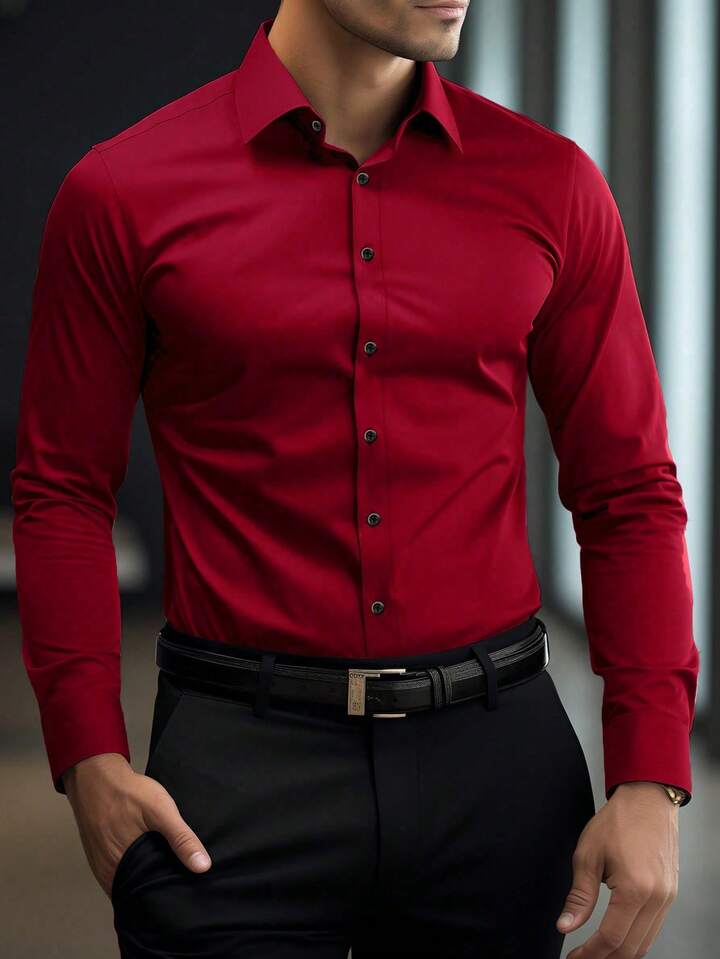 Manfinity Mode Camisa De Manga Larga De Unicolor Con Cuello Mao, Camisa Formal Para Hombre, Camisa De Unicolor Para Hombre. Adecuada Para Uso Diario, Ir Al Trabajo, Salir, Fiestas. Se Puede Combinar Con Pantalones De Traje O Trajes Para Asistir A Fiestas,