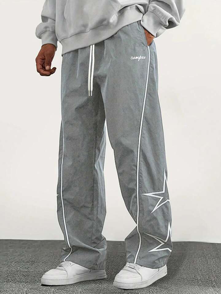 Pantalones Casuales De Pierna Recta Holgados Para Hombre Con Estampado De Estrellas Y Letras, Estilo Universitario Versátil, Adecuados Para Todas Las Estaciones
