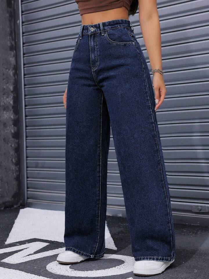 Pantalones Vaqueros De Pierna Ancha Para Mujer Cintura Alta Recta Y Suelta, Tejido Elástico Azul Lavado, Elegantes Y Casuales