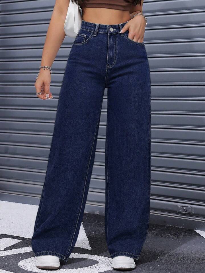 Pantalones Vaqueros De Pierna Ancha Para Mujer Cintura Alta Recta Y Suelta, Tejido Elástico Azul Lavado, Elegantes Y Casuales