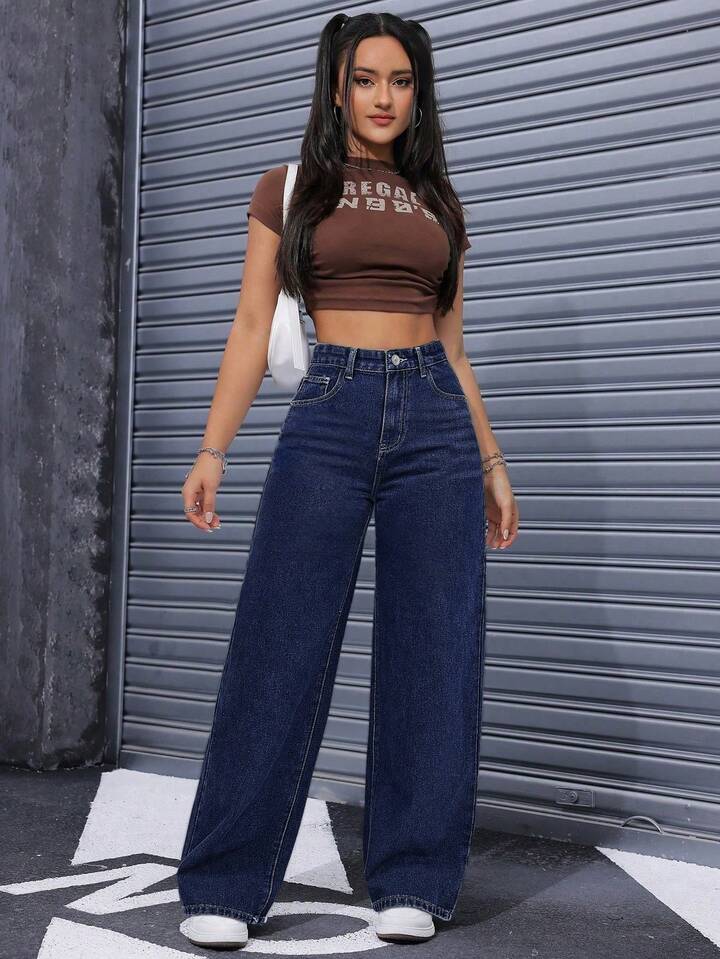 Pantalones Vaqueros De Pierna Ancha Para Mujer Cintura Alta Recta Y Suelta, Tejido Elástico Azul Lavado, Elegantes Y Casuales