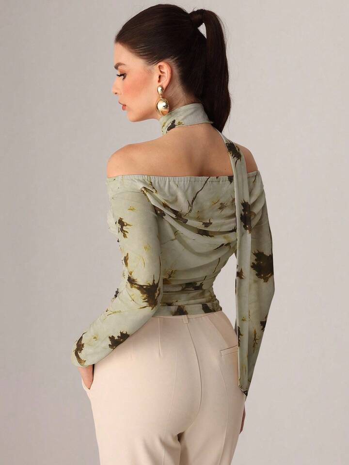 SHEEVETY Blusa Mesh Estampada Cuello Halter