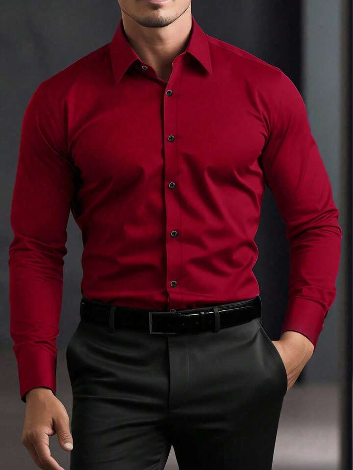 Manfinity Mode Camisa De Manga Larga De Unicolor Con Cuello Mao, Camisa Formal Para Hombre, Camisa De Unicolor Para Hombre. Adecuada Para Uso Diario, Ir Al Trabajo, Salir, Fiestas. Se Puede Combinar Con Pantalones De Traje O Trajes Para Asistir A Fiestas,