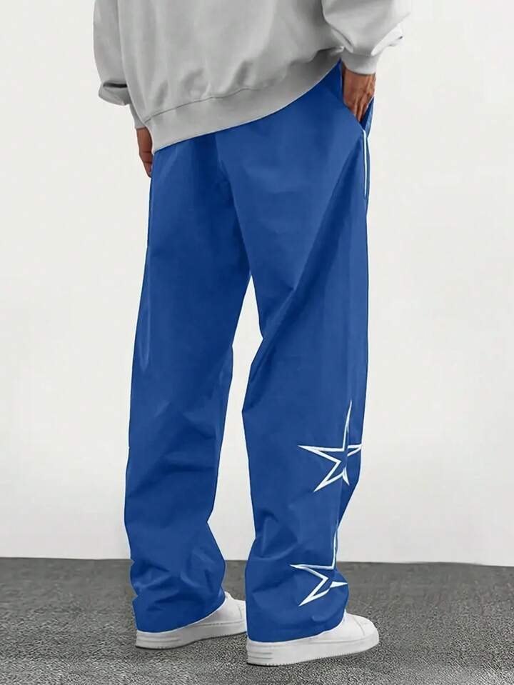 Pantalones Casuales De Pierna Recta Holgados Para Hombre Con Estampado De Estrellas Y Letras, Estilo Universitario Versátil, Adecuados Para Todas Las Estaciones