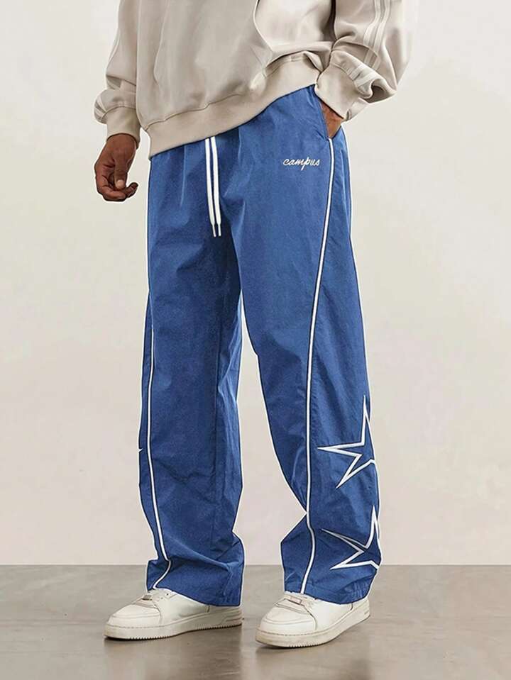Pantalones Casuales De Pierna Recta Holgados Para Hombre Con Estampado De Estrellas Y Letras, Estilo Universitario Versátil, Adecuados Para Todas Las Estaciones