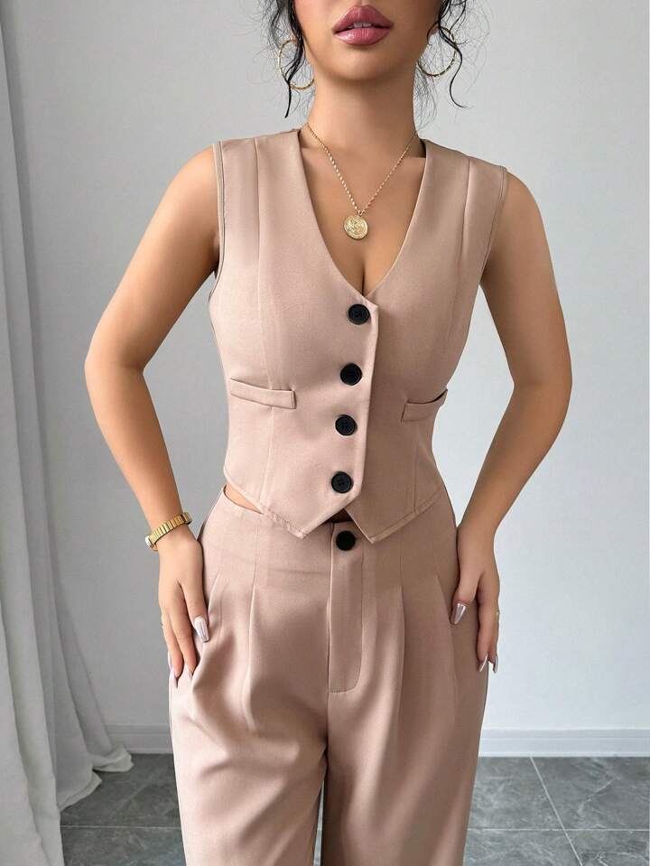 SHEEVETY Traje De Chaleco De Abotonadura Sencilla Y Pantalón De Pierna Ancha Para Mujer, Estilo Para Ir Al Trabajo