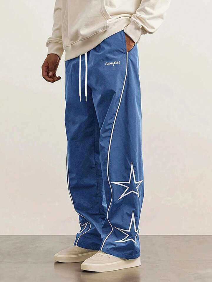 Pantalones Casuales De Pierna Recta Holgados Para Hombre Con Estampado De Estrellas Y Letras, Estilo Universitario Versátil, Adecuados Para Todas Las Estaciones