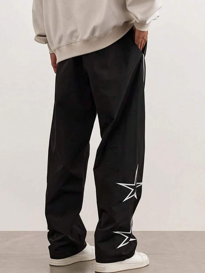Pantalones Casuales De Pierna Recta Holgados Para Hombre Con Estampado De Estrellas Y Letras, Estilo Universitario Versátil, Adecuados Para Todas Las Estaciones