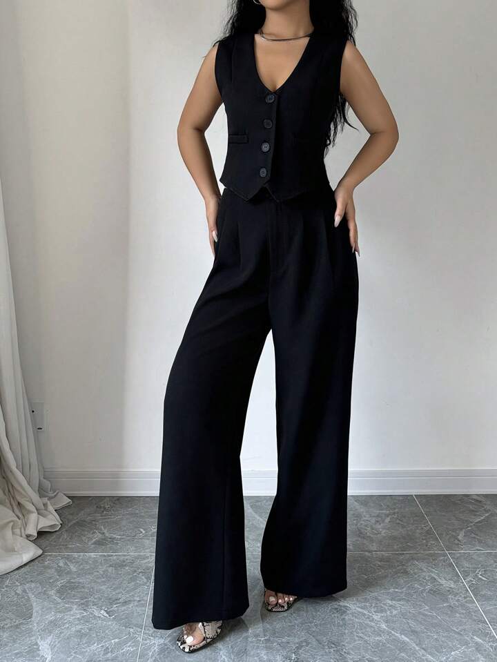 SHEEVETY Traje De Chaleco De Abotonadura Sencilla Y Pantalón De Pierna Ancha Para Mujer, Estilo Para Ir Al Trabajo