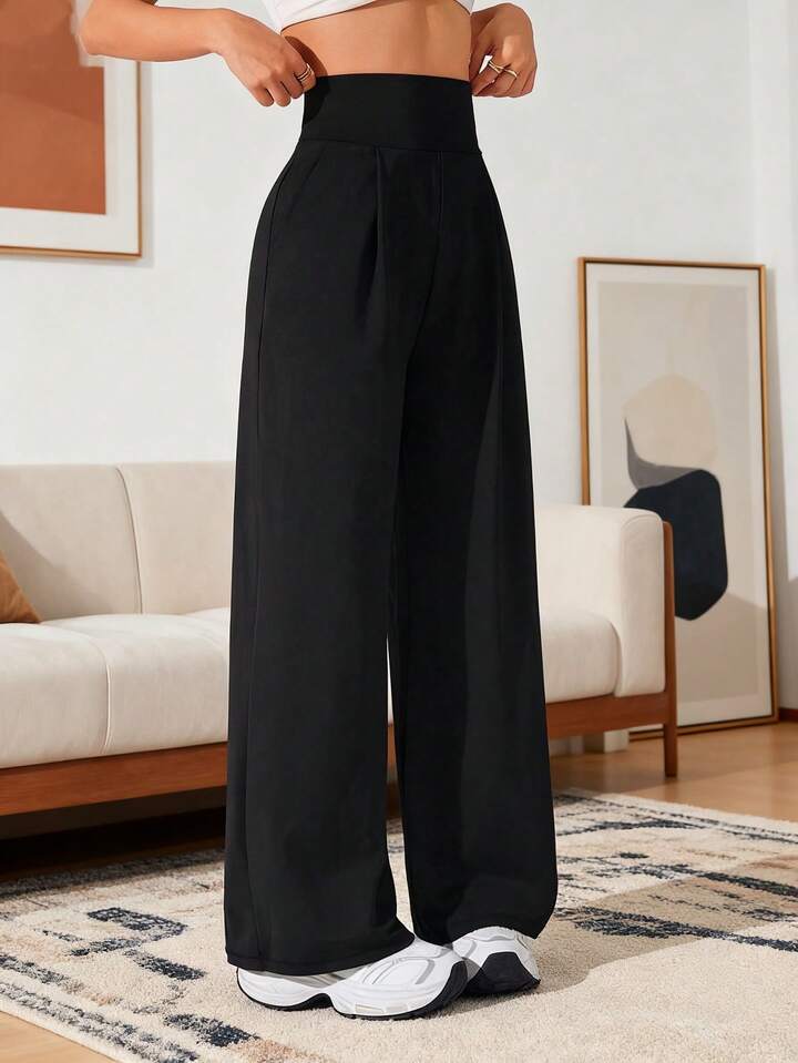 Pantalones Deportivos De Cintura Alta De Color Negro Sólido Para Mujer - Pantalones De Yoga De Pierna Ancha Suelta Con Bolsillos Laterales, Joggers Casuales Para Otoño De Unicolor Casual, Sueltos Y De Pierna Ancha Elegantes Y Minimalistas Para Mujer