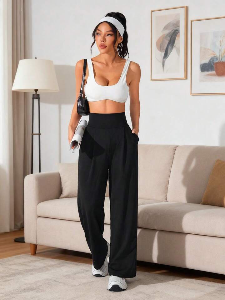 Pantalones Deportivos De Cintura Alta De Color Negro Sólido Para Mujer - Pantalones De Yoga De Pierna Ancha Suelta Con Bolsillos Laterales, Joggers Casuales Para Otoño De Unicolor Casual, Sueltos Y De Pierna Ancha Elegantes Y Minimalistas Para Mujer