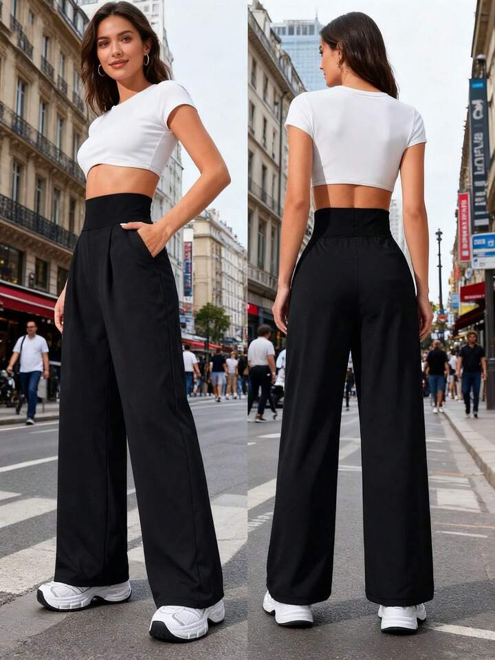 Pantalones Deportivos De Cintura Alta De Color Negro Sólido Para Mujer - Pantalones De Yoga De Pierna Ancha Suelta Con Bolsillos Laterales, Joggers Casuales Para Otoño De Unicolor Casual, Sueltos Y De Pierna Ancha Elegantes Y Minimalistas Para Mujer