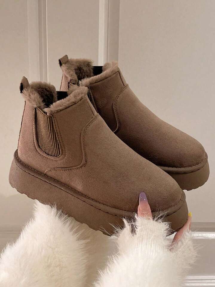 Botines Casuales De Color Sólido Para Mujer, Botas De Nieve De Invierno De Suela Gruesa De Color Caqui Con Forro De Felpa Cálido Y Suela Antideslizante De 5 Cm, Adecuadas Para El Invierno.