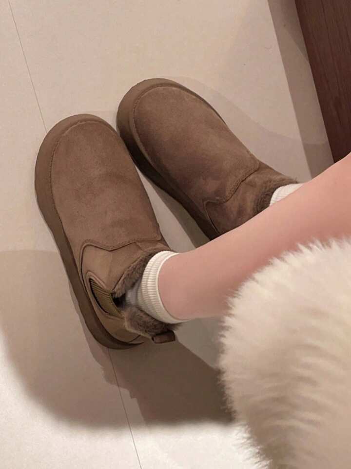 Botines Casuales De Color Sólido Para Mujer, Botas De Nieve De Invierno De Suela Gruesa De Color Caqui Con Forro De Felpa Cálido Y Suela Antideslizante De 5 Cm, Adecuadas Para El Invierno.