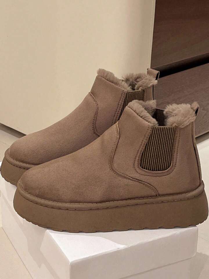 Botines Casuales De Color Sólido Para Mujer, Botas De Nieve De Invierno De Suela Gruesa De Color Caqui Con Forro De Felpa Cálido Y Suela Antideslizante De 5 Cm, Adecuadas Para El Invierno.