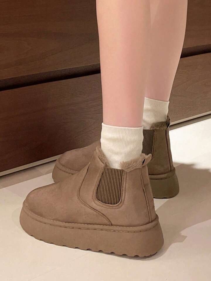 Botines Casuales De Color Sólido Para Mujer, Botas De Nieve De Invierno De Suela Gruesa De Color Caqui Con Forro De Felpa Cálido Y Suela Antideslizante De 5 Cm, Adecuadas Para El Invierno.